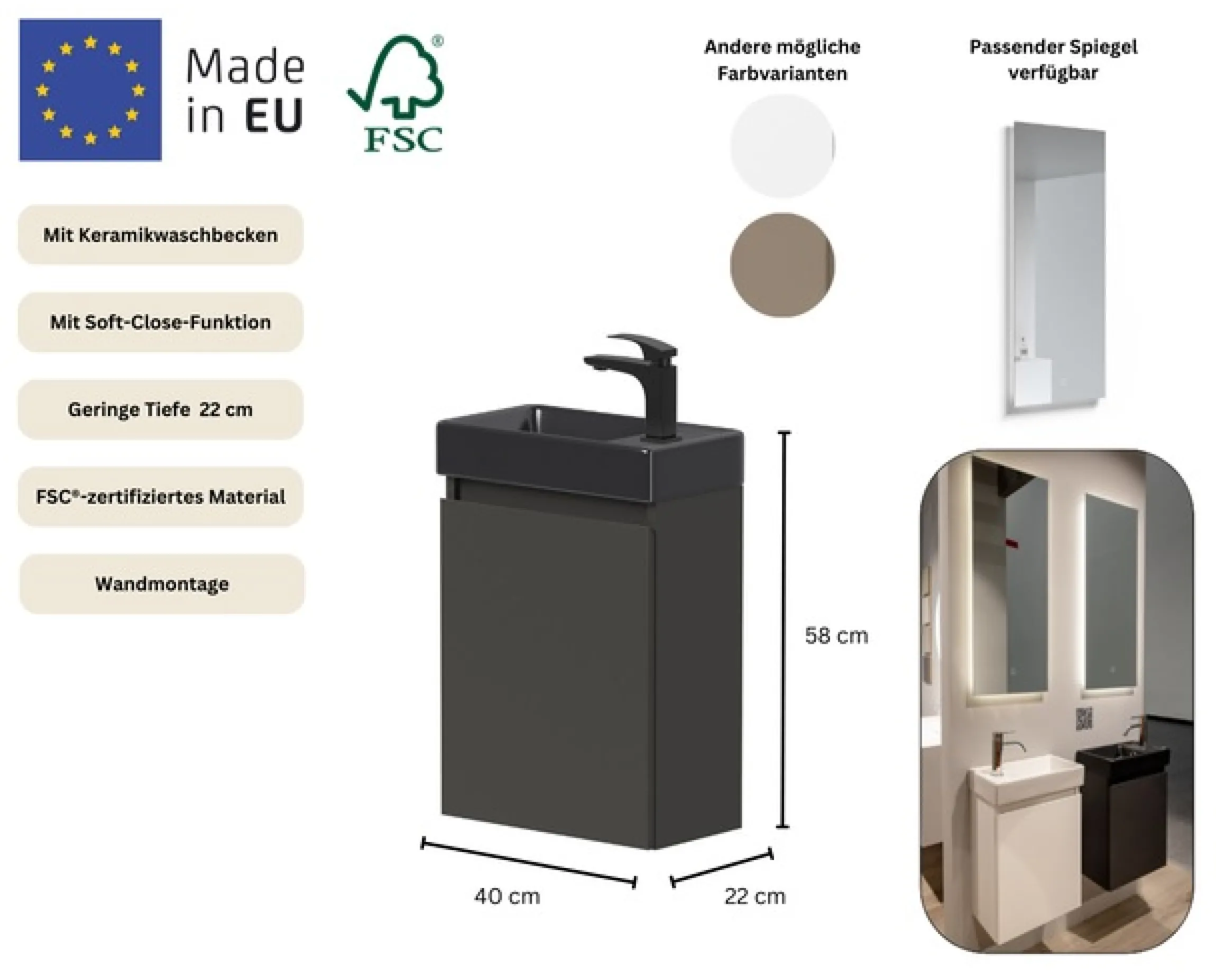 welltime Waschtisch »Mini, Badmöbel, Waschtischunterschrank inkl. Waschbecken« Breite 40cm, mit Soft-Close-Funktion, FSC®-zertifiziert