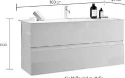welltime Waschtisch »Start, Breite 100 cm, 2 bzw. 3 Schubkästen« Badmöbel, Soft-Close, Keramik-Einsatzbecken, Weiß Hochglanz Lack