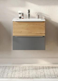 welltime Waschtisch »TRIENT, Softclose-Auszüge, Mineralgussbecken« matt onyx-grey/wildeiche, Mineralgussbecken