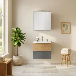 welltime Waschtisch »TRIENT, Softclose-Auszüge, Mineralgussbecken« matt onyx-grey/wildeiche, Mineralgussbecken