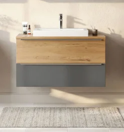 welltime Waschtisch »TRIENT, Softclose-Auszüge, Keramikbecken« matt onyx-grey/wildeiche, Keramikbecken