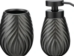 WENKO Badaccessoire-Set »Modell Idro Anthrazit« Seifenspender und Zahnputzbecher aus Keramik mit Linien-Struktur