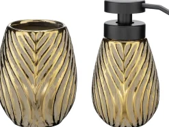 WENKO Badaccessoire-Set »Modell Idro Gold« Seifenspender und Zahnputzbecher aus Keramik mit Linien-Struktur