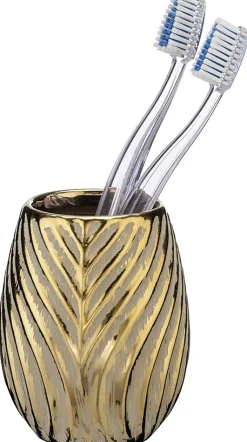 WENKO Badaccessoire-Set »Modell Idro Gold« Seifenspender und Zahnputzbecher aus Keramik mit Linien-Struktur