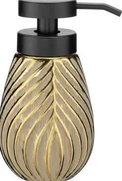 WENKO Badaccessoire-Set »Modell Idro Gold« Seifenspender und Zahnputzbecher aus Keramik mit Linien-Struktur