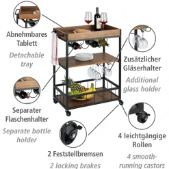 WENKO Servierwagen »Modell Rustico« Küchenwagen mit Weinglashalter und Flaschenhalter