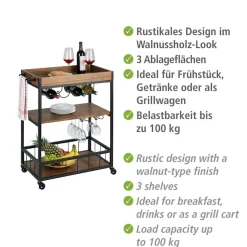 WENKO Servierwagen »Modell Rustico« Küchenwagen mit Weinglashalter und Flaschenhalter