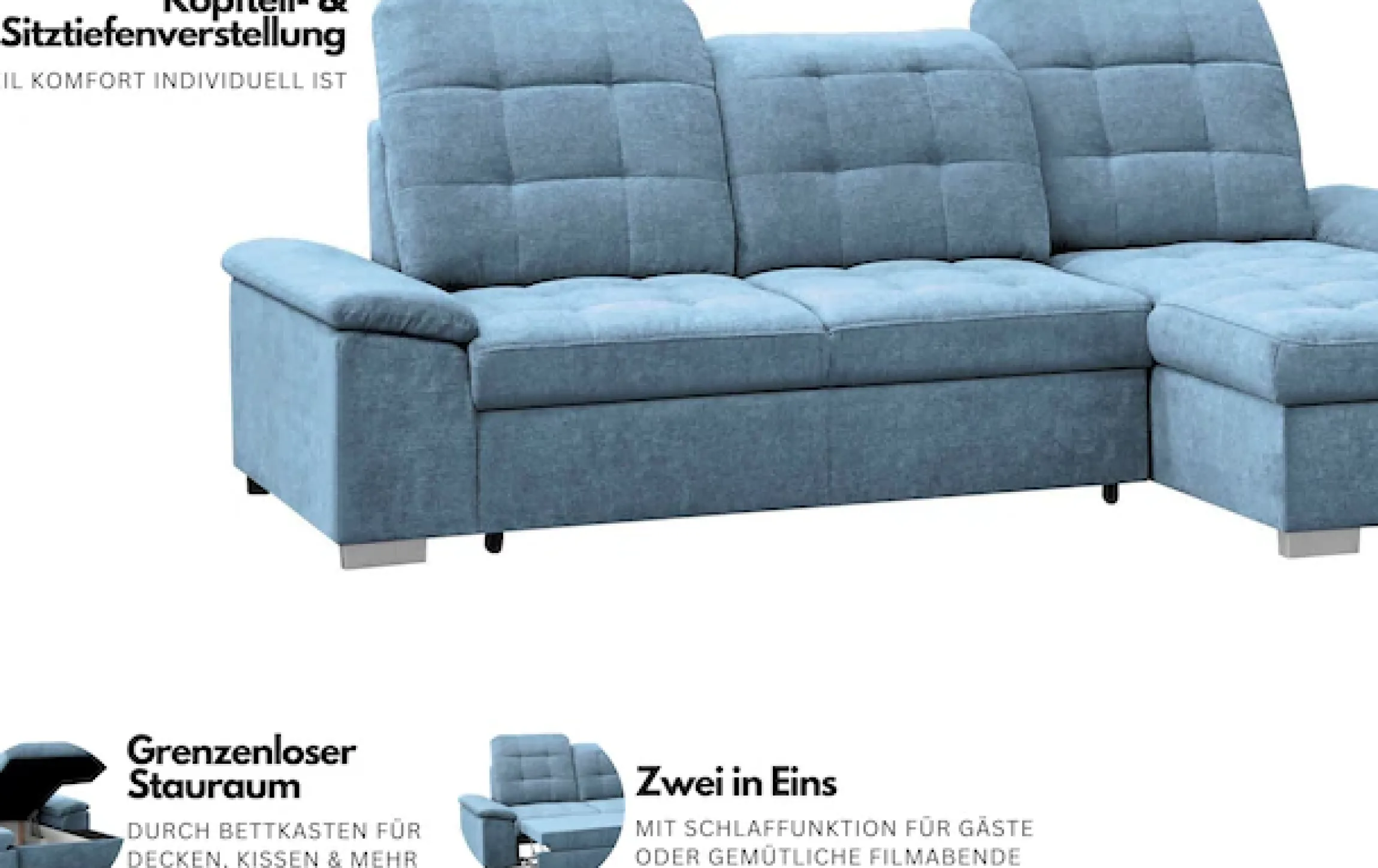 WERK2 Ecksofa »Carmen 264 cm breit L-Form Sofa Schlaffunktion Kopfstützen verstellbar« Schlafcouch mit Bettkasten, Eckcouch wahlw. mit Sitztiefenverstellung