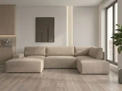 WERK2 Wohnlandschaft »Rotterdam 325 x 190 cm modern und bequem« Cord, U-Form, XXL, Schlaffunktion, Bettkasten