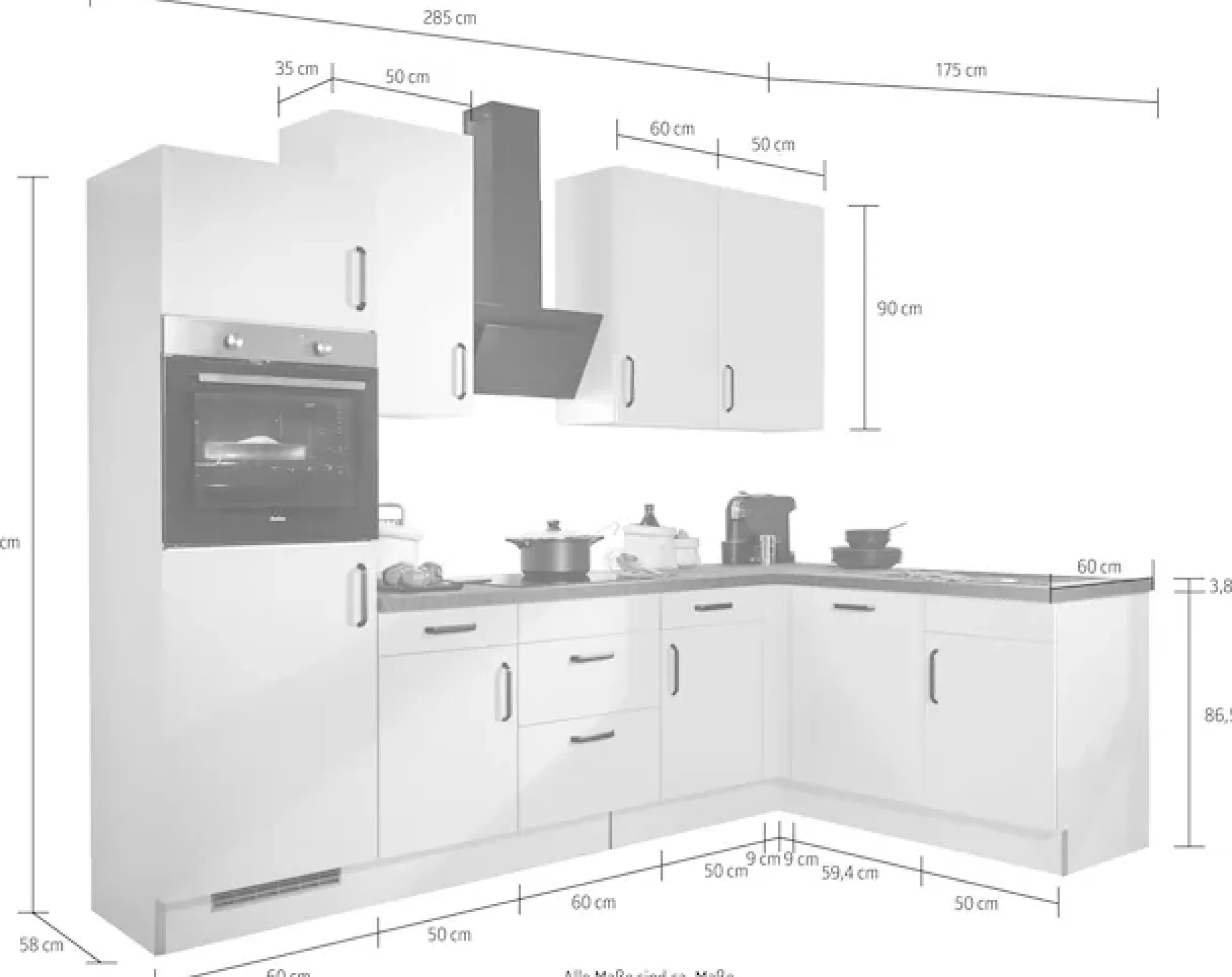 wiho Küchen Winkelküche »"Simi", mit verstellbaren Füßen, wahlweise mit E-Geräten« Soft-Close-Funktion in Schubkästen & Auszügen, Stellbreite 285/175 cm