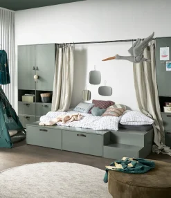 WOOOD Stauraumbett »Stage Massivholz FSC®-Kiefernholz mit Trittstufen 204 x 131 x 35 cm« Rollauszüge mit Ledergriff, breite Holzkante, Matratzenmaß 80x200 cm