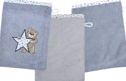 Wörner Waschhandschuh »Teddy/Stern Waschhandschuh 3er Set« 1x mit süßer Teddystickerei, 2x unifarben