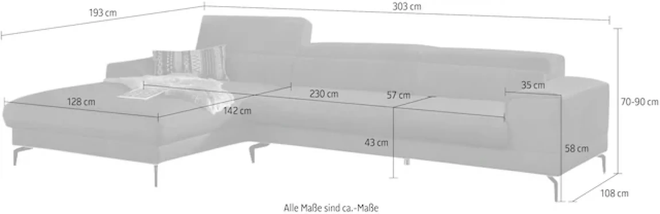 W.SCHILLIG Ecksofa »piedroo, Designsofa mit tollem Sitzkomfort, bequem und elegant, L-Form« Kopfteilverstellung, wahlweise mit Sitztiefenverstellung, Breite 303cm