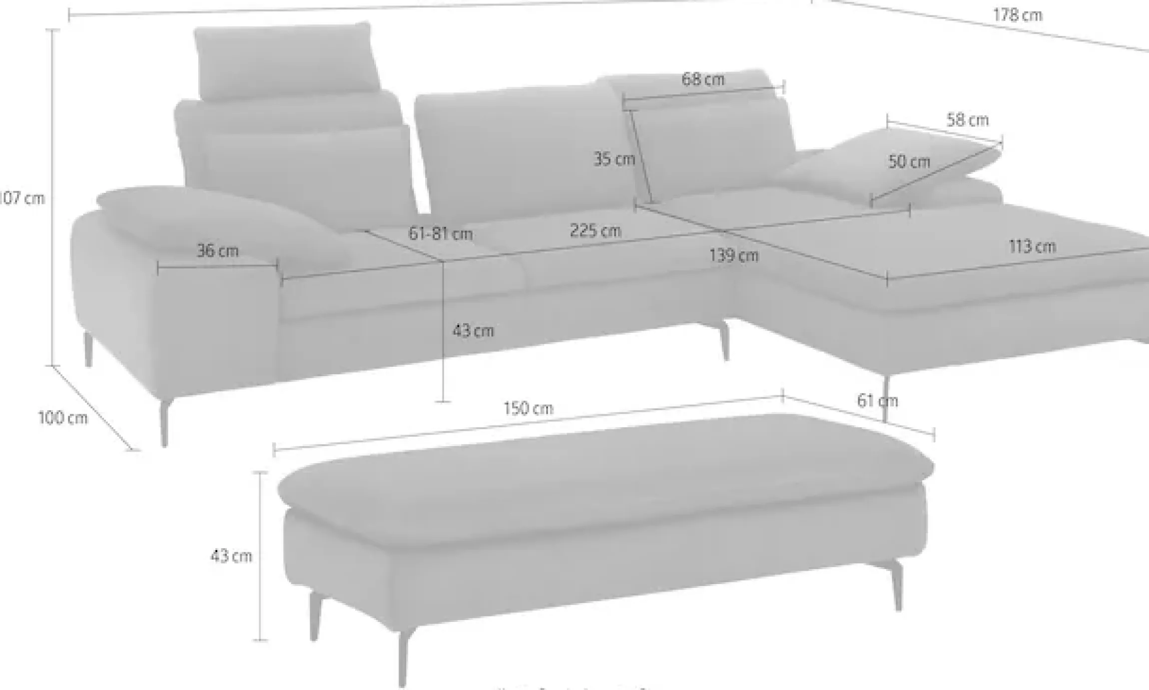 W.SCHILLIG Ecksofa »valentinoo, Designsofa, bequem, elegant und zeitlos, L-Form« inklusive Hocker, mit Sitztiefenverstellung, Breite 299 cm